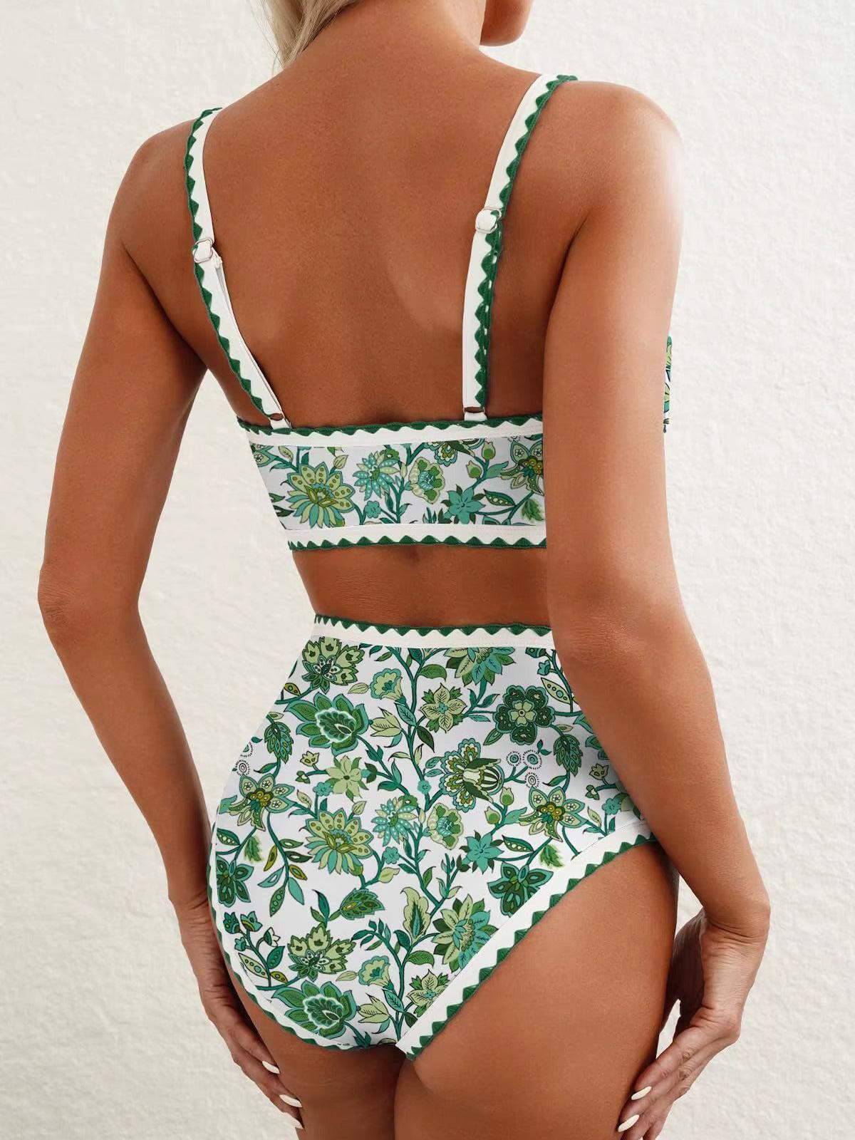 High Waist Green Floral Bikini Set