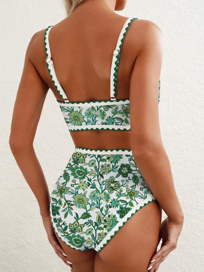 High Waist Green Floral Bikini Set