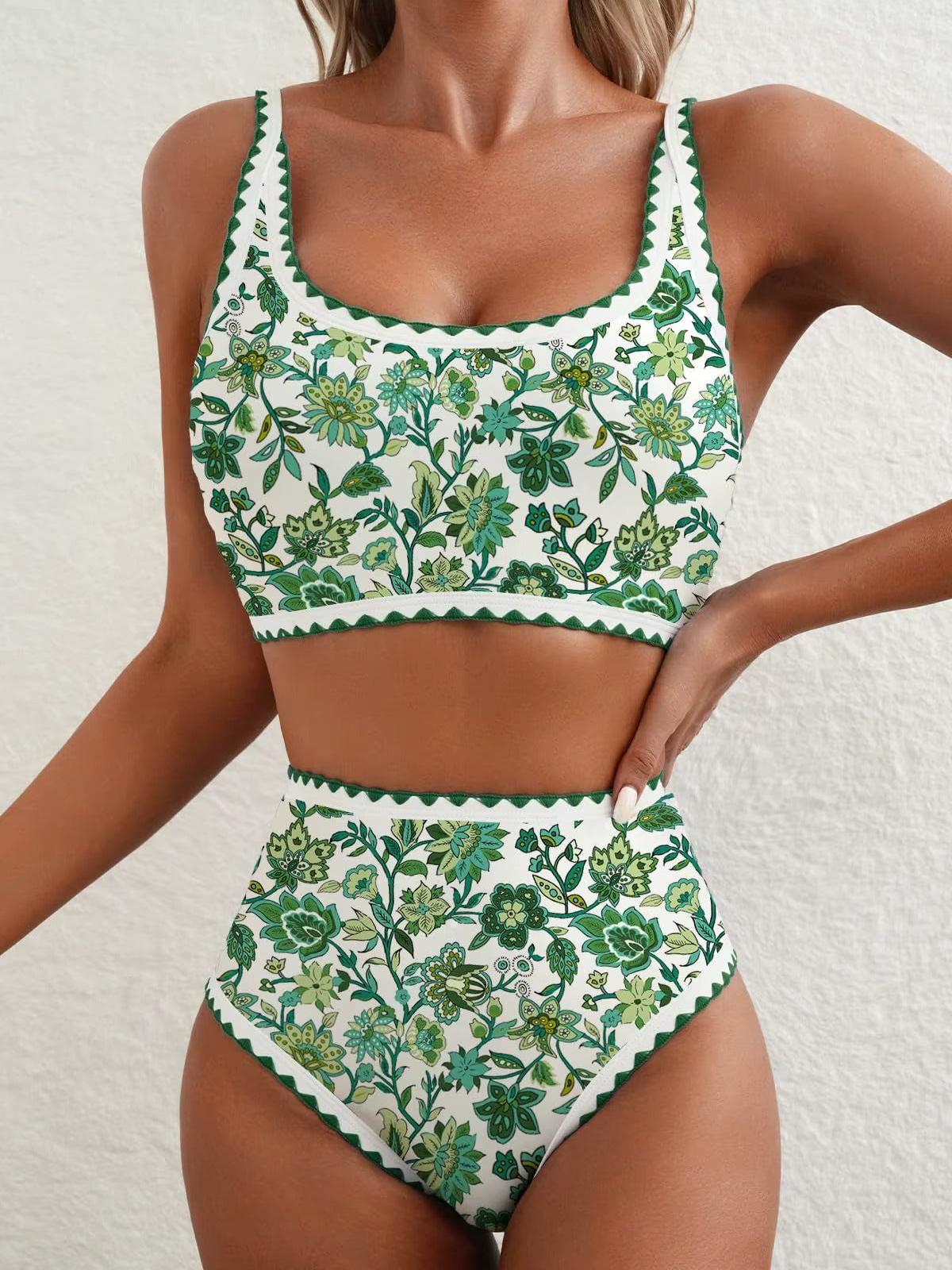 High Waist Green Floral Bikini Set
