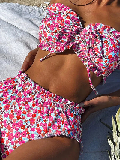 High Waist Bandeau Frilly Pink Bikini Set