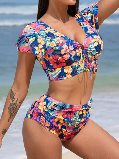 Floral Print Sleeves Bikini Set - Sand & Bliss